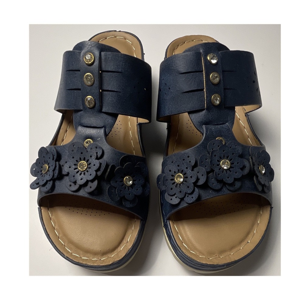 Atalina Navy Floral Slip-On Wedge Sandals Women's Flower Rhinestone Size 6